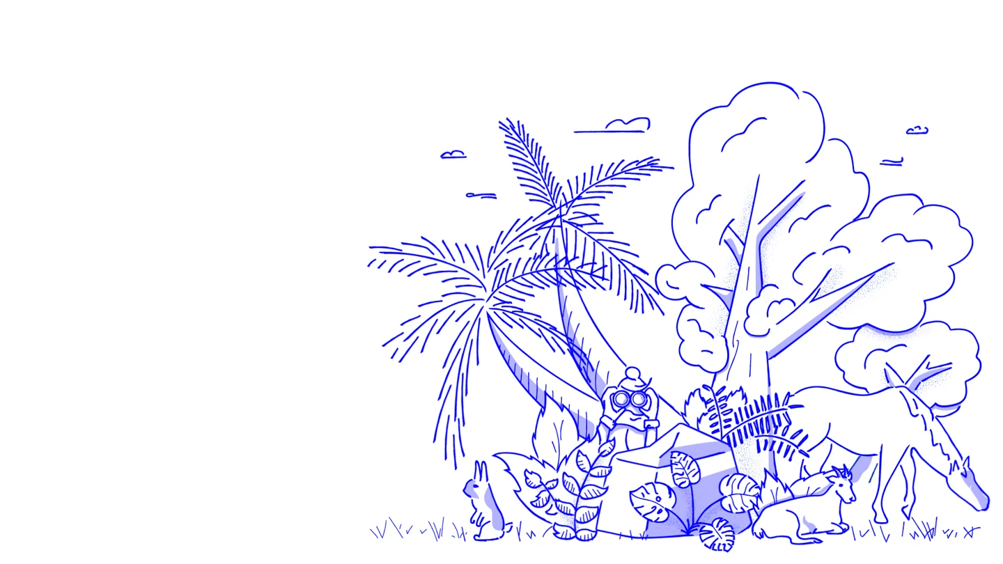 L’univers illustré du studio : un personnage, Puce le cheval et un jardin foisonnant.